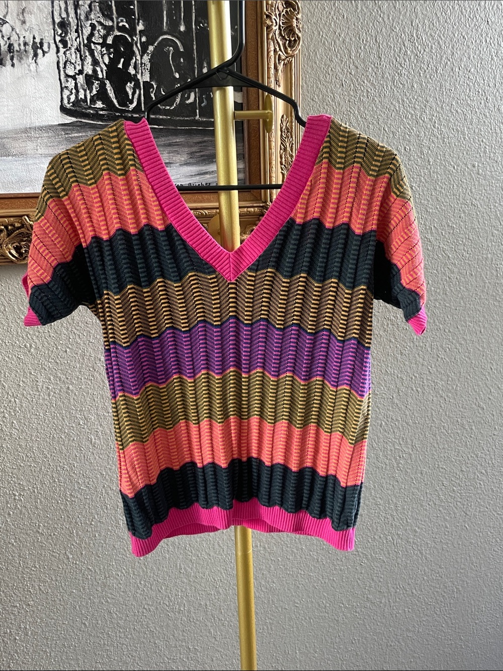 Mavi Colorblock Striped V-Neck Knit Top — Hot Pink, Black, Coral & Olive
